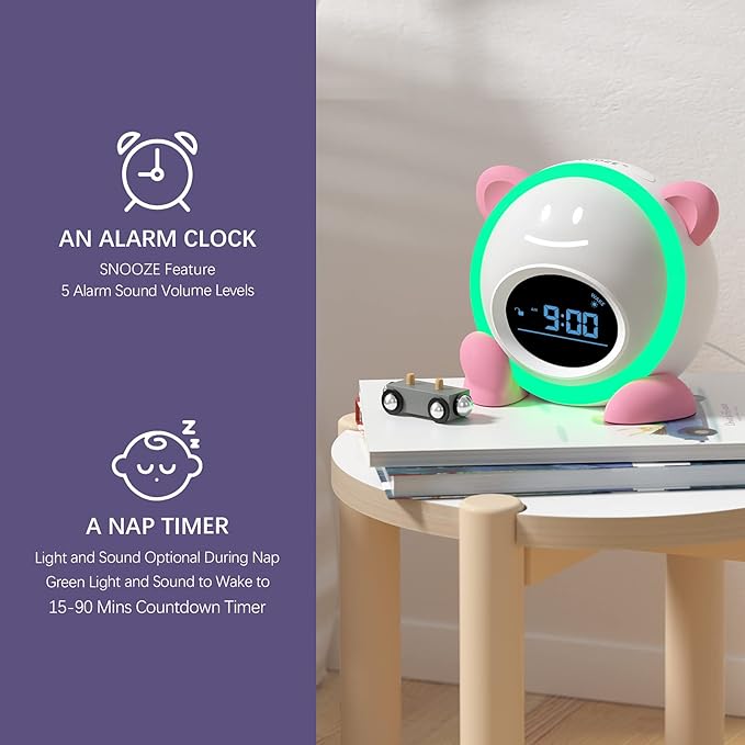 OK to Wake Clock for Kids, Sleep Training Clock with Night Light and Sound Machine, Kids Alarm Clock for Bedrooms, Pink