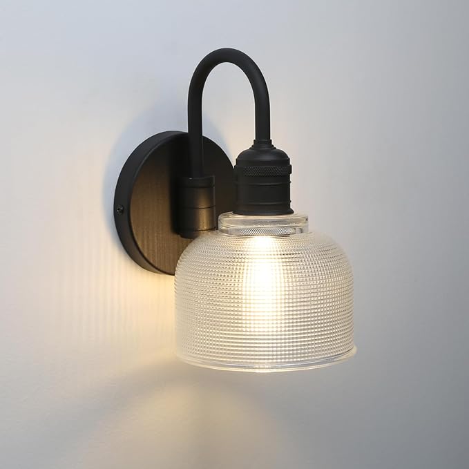 Yosoan Brass Boho Vintage Wall Sconce with Striped Shade, 1-Light Modern Vanity Light Industrial Single Wall Mounted Hardwired Bowl Texture Glass Shade for Living Room Bedroom Kitchen Hallway(Black)