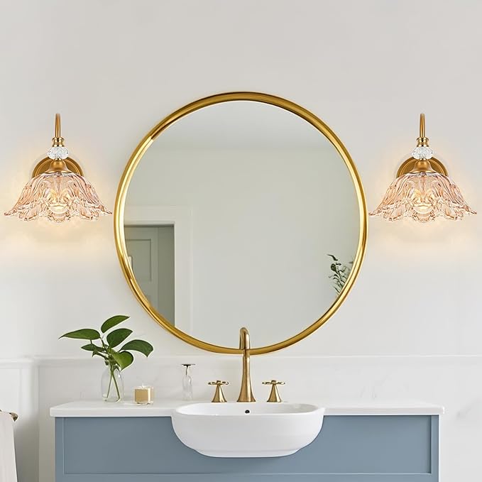 1 Piece Vintage Wall Sconce with Floral Amber Glass Shade, Matte Brass Finish Wall Sconce for Bathroom,Vintage Bathroom Vanity Light Fixture