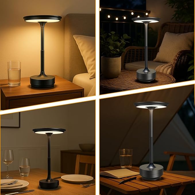 Ecolume Cordless Table Lamp,LED Portable Battery Operated Lamp, Dimmable Stepless 3-Color LED with Memory Function. Portable for Home Office/Dinner/Restaurant/Living Room.(Black)