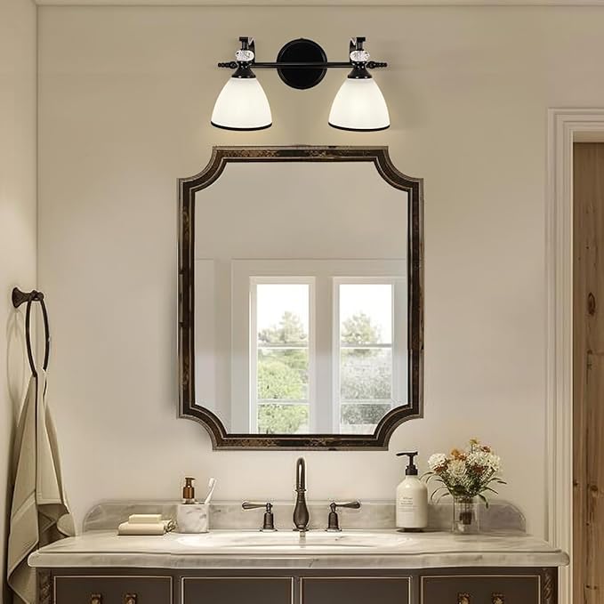 ANDY STAR Bathroom Lighting Fixtures Over Mirror, 2-Light Matte Black Vanity Light with Frosted Glass, Anti-Rust Metal Framed Bathroom Wall Lamp Sconces for Mirror Bedroom, Living Room Hallway