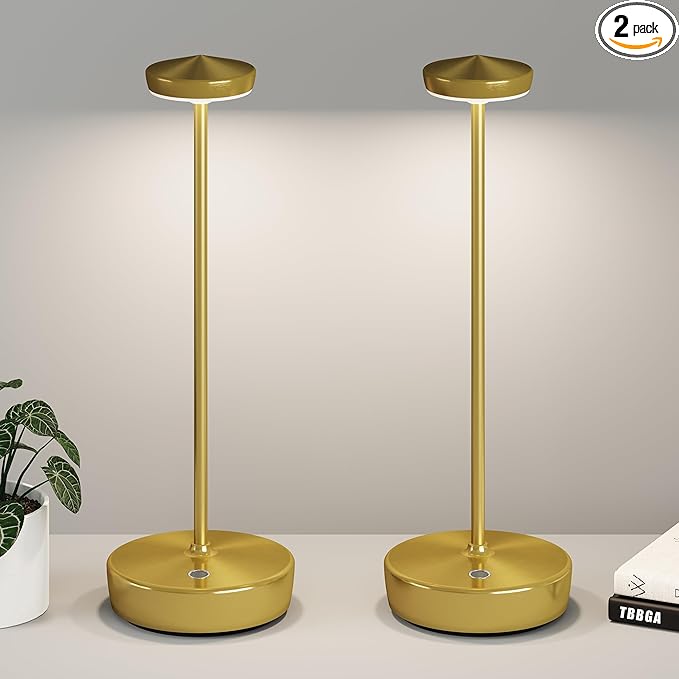 Cordless Table Lamp Rechargeable 2Pack - LED Battery Table Light with 3 Color Temperatures, Stepless Dimming, Waterproof Aluminum for Indoor Outdoor, Patio, Restaurant, Dinner (Brushed Gold)