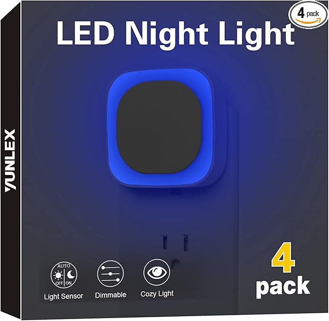 4 Pack Plug in Dimmable Night Light, Blue Nightlight, Auto Dusk to Dawn Sensor, LED Night Light, Soft Glow, Diffused Light for Bathroom, Hallway, Stairs, Kitchen, Bedroom