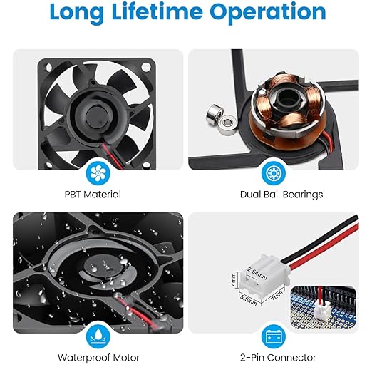 GDSTIME 60mm x 25mm 12V DC IP68 Waterproof Fan Dual Ball Bearings Brushless Small Computer Cooling Fan 2-Pin for RV Fridge Solar Battery Box Outdoor Cabinet Ventilation, 2 Pack