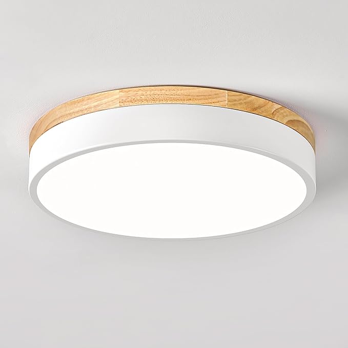 Dimmable Wood LED Ceiling Light Fixture, 5CCT 2700K-6000K Modern White Flush Mount Ceiling Lighting, Minimalist Round Ceiling Lamp for Bedroom, Kitchen, Laundry Room, Hallway, 11.81in