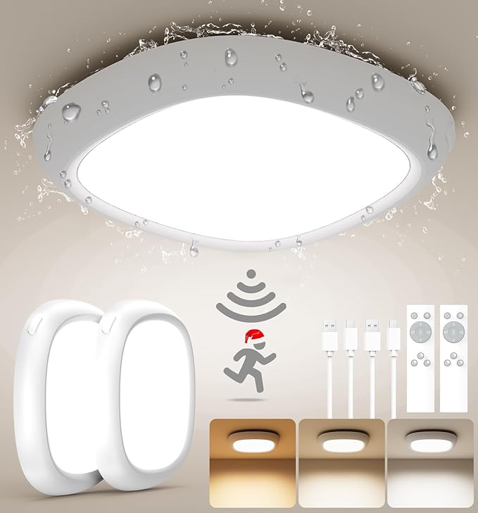 2 Pack IP54 Waterproof Rechargeable Shower Light Indoor, 12000mAh Motion Sensor Wireless Ceiling Light with Remote No Wiring, Battery Operated Closet Lights Cordless LED Overhead Lighting for Bathroom