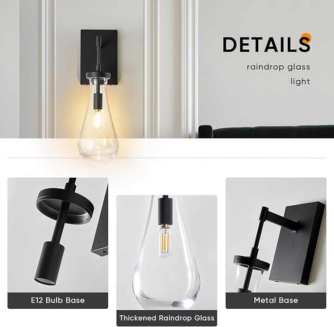 17" L Wall Sconces,Black Wall Lights Fixtures Bathroom Vanity Light Morden Wall Sconce Raindrop Wall Lamps for Living Room,Bedroom,Hallway,Stairs,Indoor