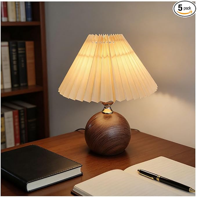 9.4" Wx11.4 H 3Color Temperature Adjustable Modern Table Lamp | Small Lampshade with Warm Light | Mini Lamp for Coffee Table, Bedside & Kitchen | Cute Pleated Fabric Shade, Walnut Brown Bulb Included