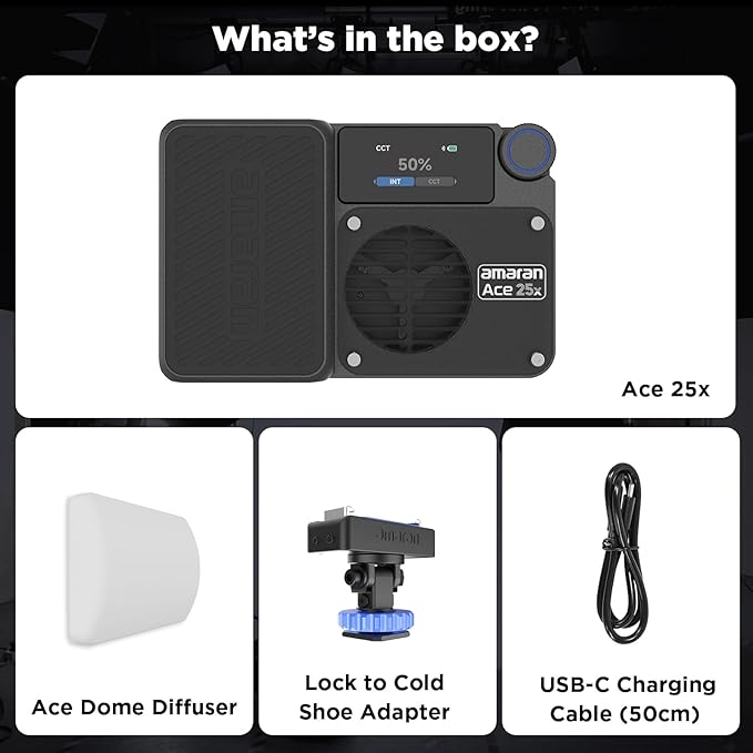 Amaran Ace 25x Pocket Bi-Color LED Light: Boost Mode Up to 32W, Bi-Color Mini Video Light (2,700-6,500K), 1,636 Lux@1m, 4,500mAh Battery with PD Fast Charging for Mobile Creators (Charcoal)