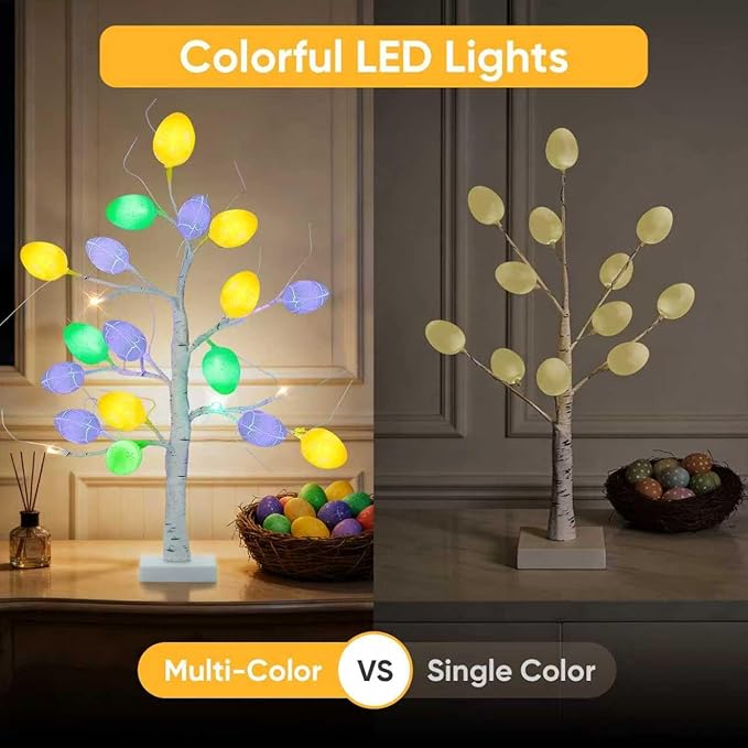 Easter Decorations Set of 2 Lighted 24 Inch Artificial Tree with 24pcs Easter Eggs, Colorful Easter Decor LED Lights, Light Up Tabletop Bonsai Tree for Table Home Holiday Spring Decors