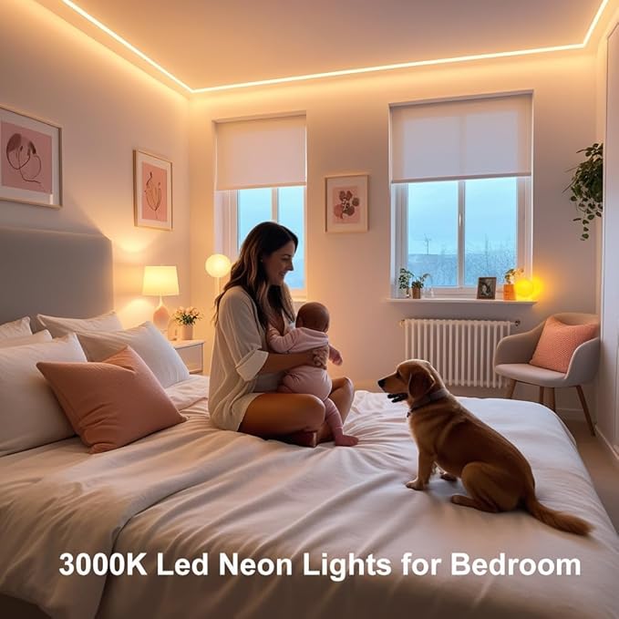 iNextStation 12V Warm White LED Strip Lights 16.4FT, Flexible Silicone Neon Rope Light with Power Adapter, Waterproof, Cuttable, Dimmable & Linkable, LED Lights Strip for Bedroom(with Plug)