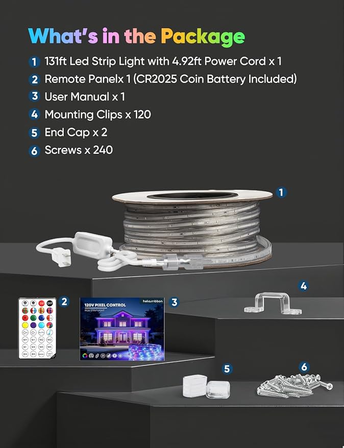 131FT Outdoor LED Strip Lights RGB+IC with Warm&Cool White, ETL Listed Music Sync Light Strip AC 120V, IP65 Waterproof and Connectable, for Party Festival Eave Porch Patio Every Day Decor