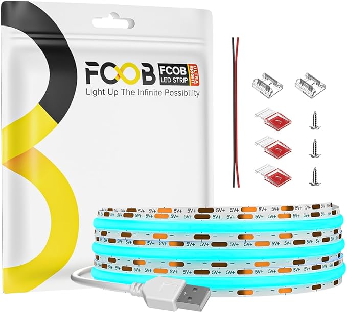 6.56FT/2M 5V USB LED Light Strip Ice Blue Flexible High Density COB Strips 640LEDs, 8mm LED Tape for Under Cabinet Bedroom No Controller and Power