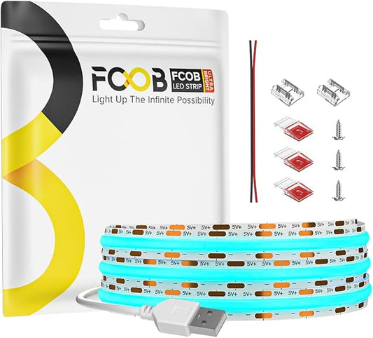 6.56FT/2M 5V USB LED Light Strip Ice Blue Flexible High Density COB Strips 640LEDs, 8mm LED Tape for Under Cabinet Bedroom No Controller and Power