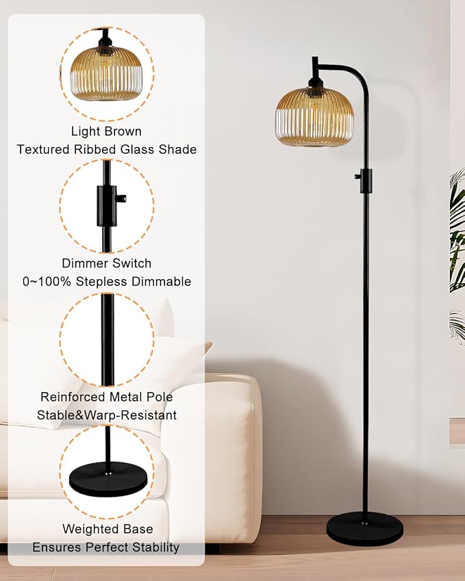 Lightdot 64IN Glass Floor Lamp for Living Room, Dimmable Modern Standing Lamps with Brown Ribbed Glass Shade, Industrial Floor Lamp with Bulb Included for Bedroom/Sofa Beside/Corner Decor-Black