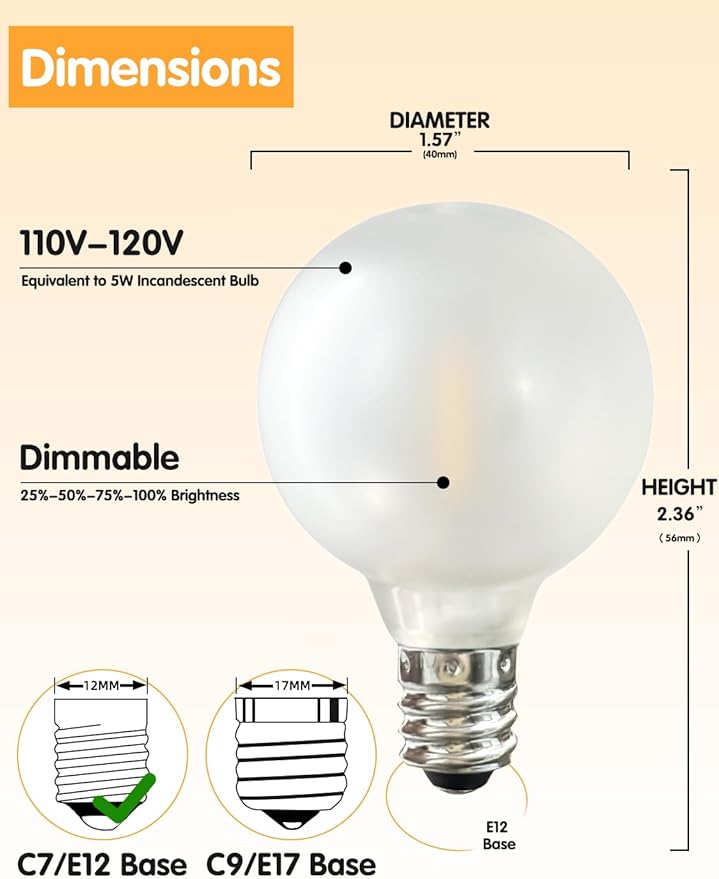 SUNSGNE 25 Pack G40 Led Replacement Light Bulbs, E12 Screw Base Shatterproof LED Globe Frosted Bulbs Light for Indoor Outdoor String Lights, 0.6watt Equvalent to 5watt Incandescent Bulbs, Warm White