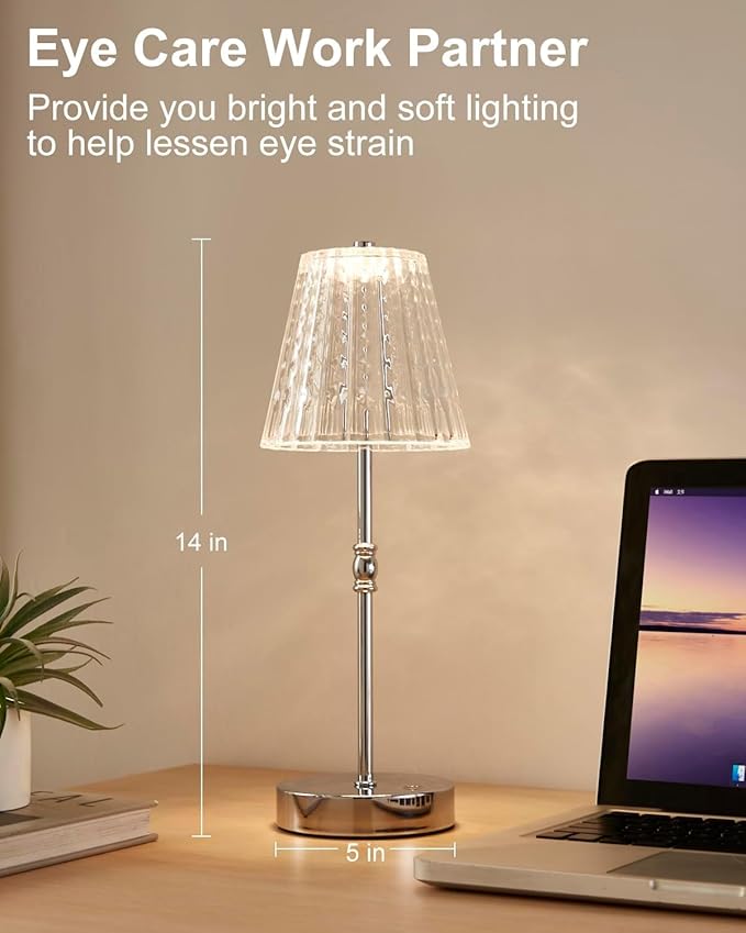 Cordless Table Lamp, 5000mAh Rechargeable Battery Operated Portable Lamp, Dimmable+3 Colors LED Touch Control, Modern Crystal Lamp for Bedroom, Kitchen, Bar, Office