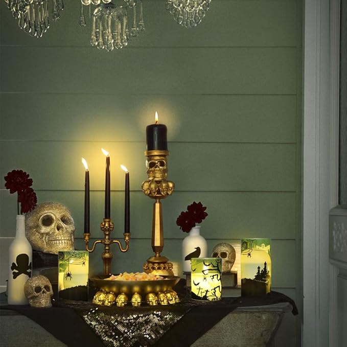 Eldnacele Halloween Flameless Candles with Remote Spider Web, Ghost, Castle Decals Battery Operated Real Wax Flickering Glass Pillar Candle for Spooky Holiday Decor 3 Pack