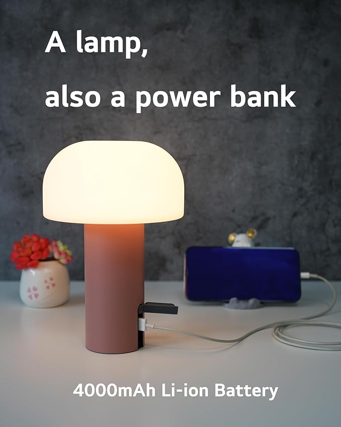 Outdoor Mushroom Table Lamp Rechargeable, Cordless Lamps for Patio Waterproof, Portable Battery Operated Lamp with USB Charging, Touch Dimming Night Light for Home/Porch/Restaurant (Pink)
