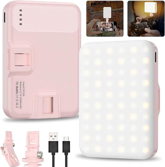 Hagibis LED Camera Light Video Lights Portable Photography Lighting 60 LED 2200mAh Rechargeable Selfie Light 7 Modes, 10-Level Brightness, Portable Clip on Light for Phone/Tablet/Laptop, Pink