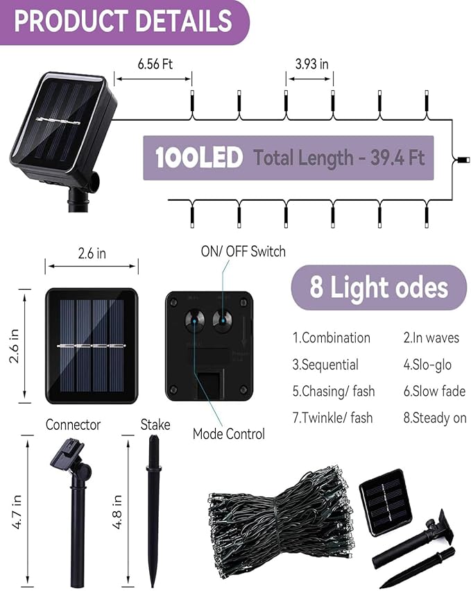 Orange Purple Solar Halloween Lights Outdoor Waterproof Halloween Decorations Outdoor Lights100 LED with 8 Modes for Party Patio Garden Tree Yard