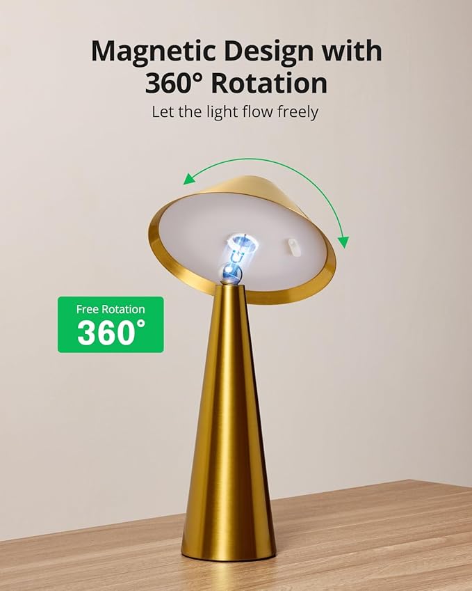 Bojim Rechargeable Cordless Table Lamp, Gold LED Battery Operated Wireless Table Lights, Touch for 3 Color Dimmable, IP54 Waterproof for Restaurant, Dining, Outdoor, Patio, Outside