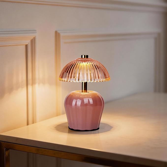 MJ PREMIER Small Cordless Lamp, Battery Operated Lamp with Timer, Mini Crystal Glass Mushroom Lampshade, Cute Small Table Lamps, Decorative Led Light for Bedroom Living Room Shelf (Pink)