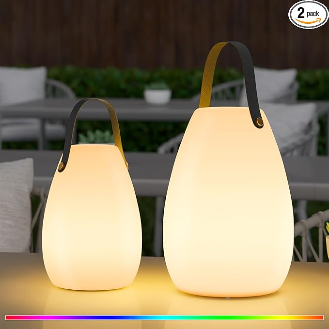 uuffoo 2 Pack Rechargeable Portable Table Lamp, Cordless RGB Lantern with Remote, Decorative LED Night Light, IP44 Waterproof Indoor Outdoor Lamp for Bedroom Patio Garden Wedding Party