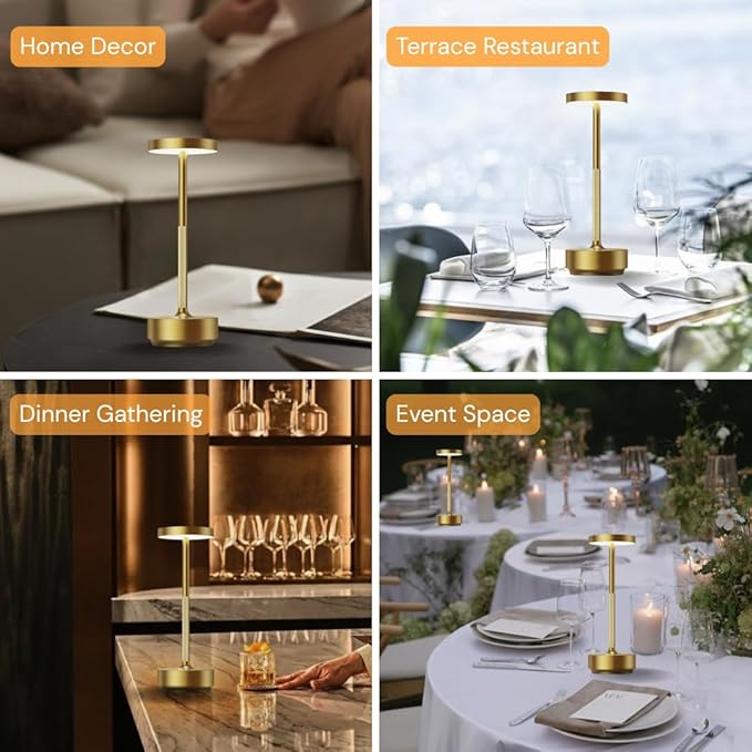 2-Pack Cordless Table Lamp Rechargeable, 5000mAh Battery Operated LED, Touch 3-Color Stepless Dimming, IP54 Waterproof Wireless Lamp for Bedroom Dining Restaurant Patio Outdoor – Gold