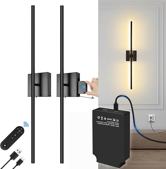 10000mAh Removable Battery Operated 31.5’‘ Wall Sconces with Remote Control Dimmable Black LED Wireless 13.6W Wall Lights Rechargeable Wall Lamps for Indoor Living Room Bedroom Foyer (2 Pack)