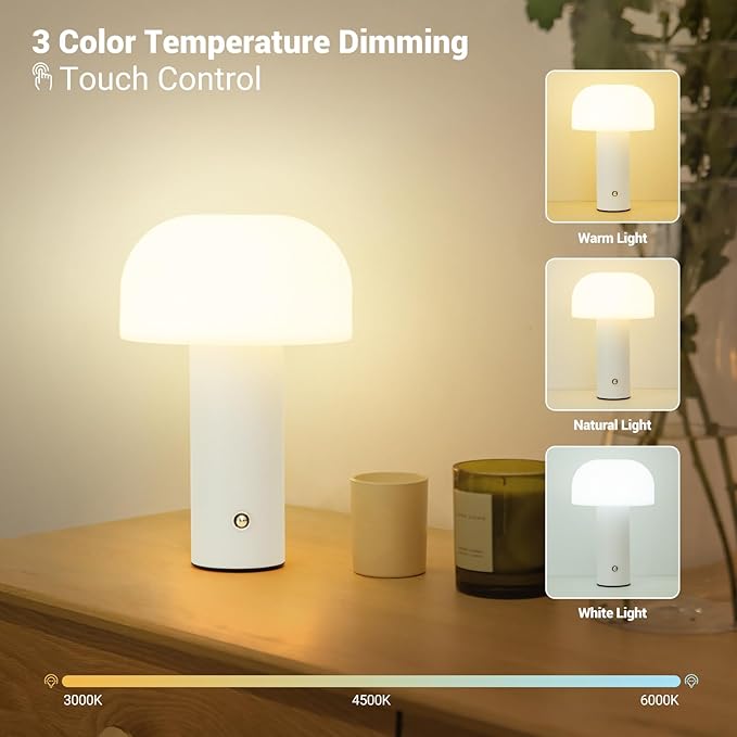 Cordless Mushroom Table Lamp Rechargeable,4000mAH Portable Battery Operated Lamp,3 Color Stepless Dimming Modern Lamps for Bedside Lamps,Touch Dimming Night Light for Home/Restaurant White