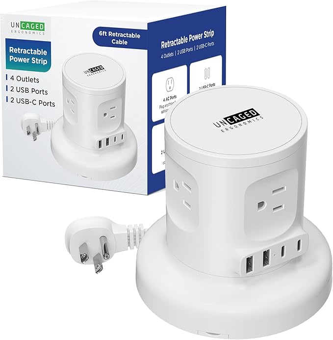 Uncaged Ergonomics Retractable Power Strip with USB Ports, Surge Protector with USB C Ports Fast Charging, Auto Retracting Cord Compact Desktop Charging Station for Home, Office, Nightstand, White