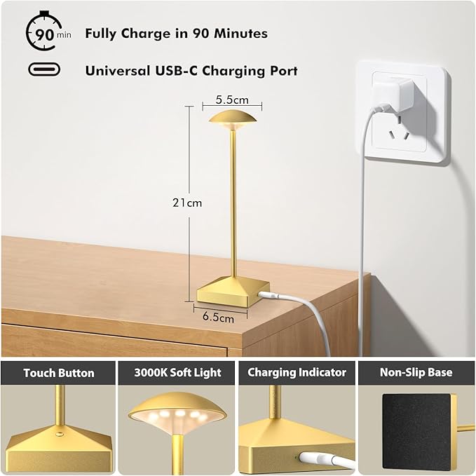 3 Pack 8.26in Gold Small Cordless Table Lamps Rechargeable, Battery Operated Mini Lamp, Small Lamp Touch Portable Table Lights, LED Night Light for Bedside/Dining/Bar/Outdoor (Gold-B)