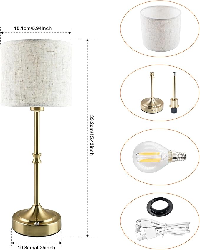 Cordless Table Lamp,5200mAh Rechargeable Battery Powered Table Lamps,3-Level Brightness Dimmable, Mid Century Lamp,Bedside Night Lamp, Vintage Metal Lamp for Kitchen/Dinner/Patio/Restauran