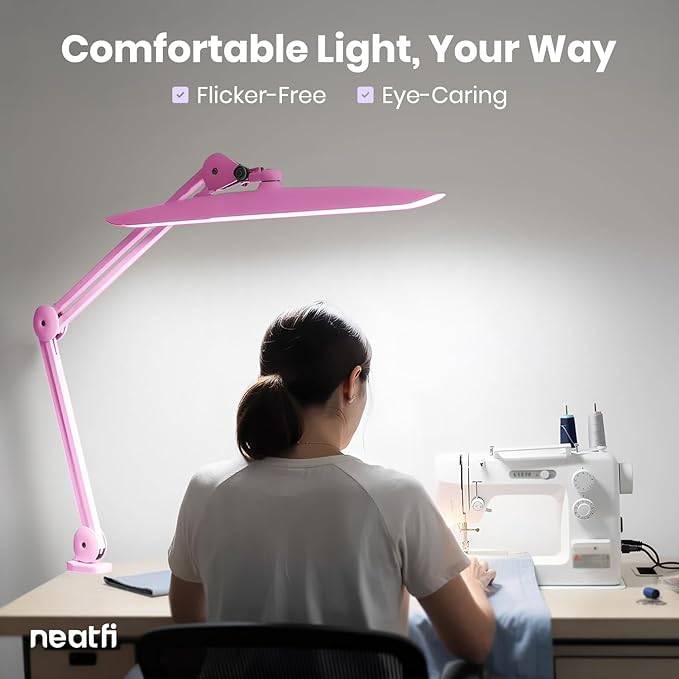 Neatfi XL LED Desk Lamp with Clamp, 2200 Lumens, 20W, 20-Inch Wide Head, Dimmable 4 Brightness Levels, 3 Color Modes 3000K–6000K, Task Light for Home Office, Crafts, Workbench (CCT, Pink)
