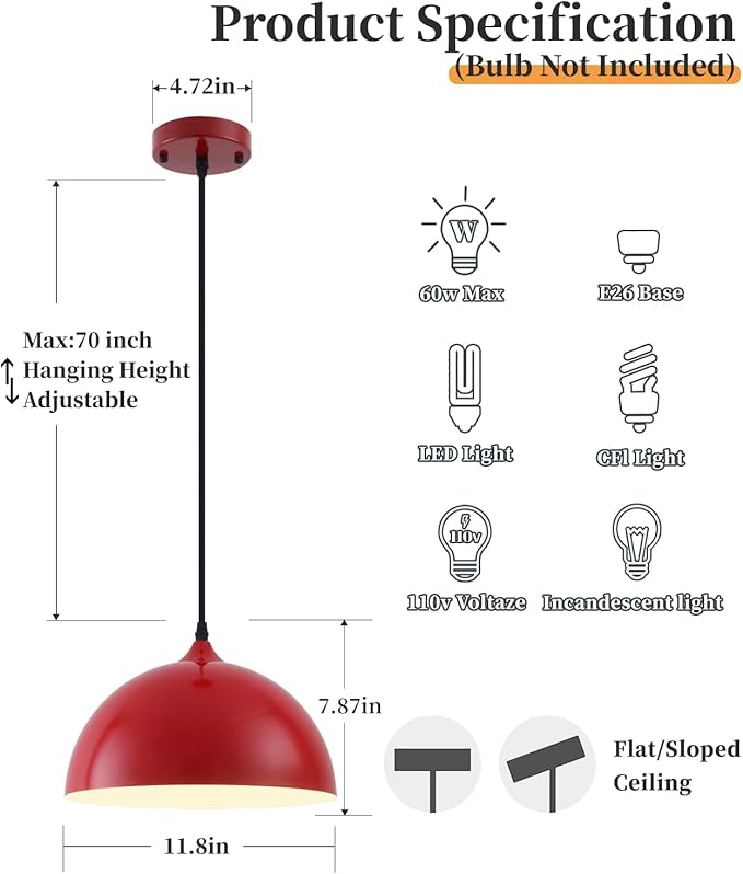 Industrial Pendant Light Fixtures,11.8" Red Dome Pendant Light Over Kitchen Island 3 Pack, Adjustable Vintage Ceiling Hanging Lamp for Bedroom Restaurant Bar Cafe Dining Room Sink