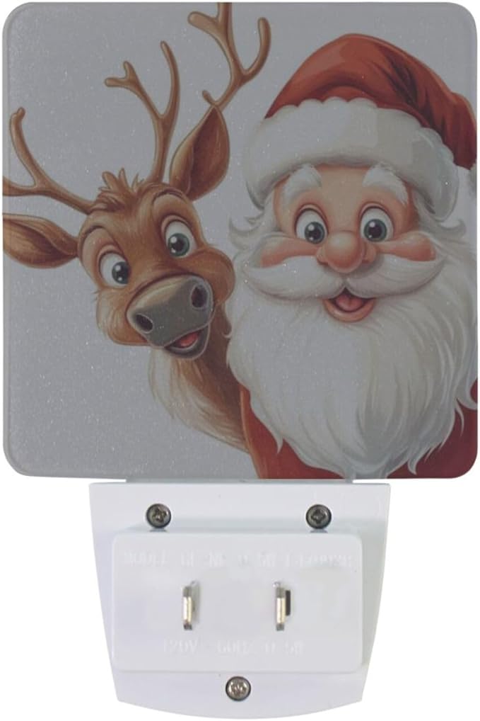 Christmas Night Light Cartoon Santa and Reindeer 2 Pack Dusk to Dawn Sensor Led Lamp for Women Men Night Lights Plug into Wall Decor for Bedroom Kitchen Bathroom Corridor, 0.5W