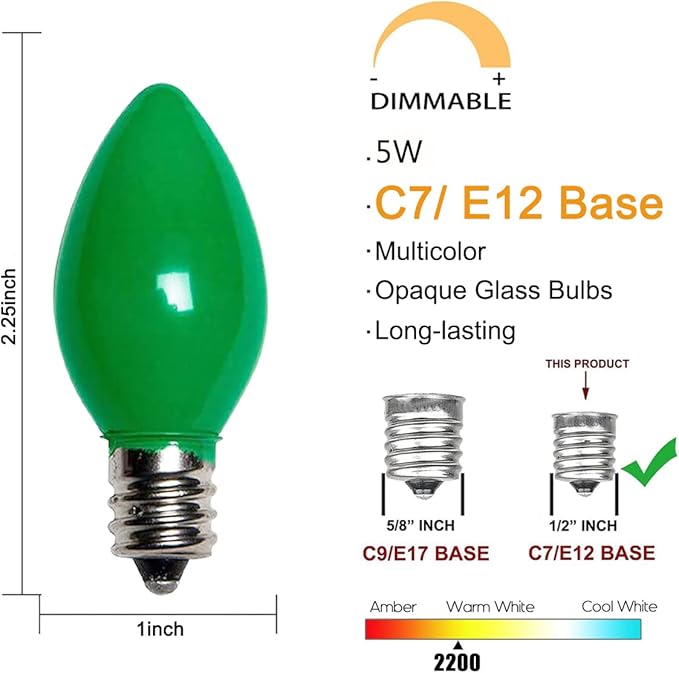 25 Pack C7 Multicolor Christmas Replacement Bulbs, Vintage Multicolor Ceramic Light Bulbs Fits C7 Christmas Indoor Outdoor String Light, C7/E12 Candelabra Base, 5 Watt