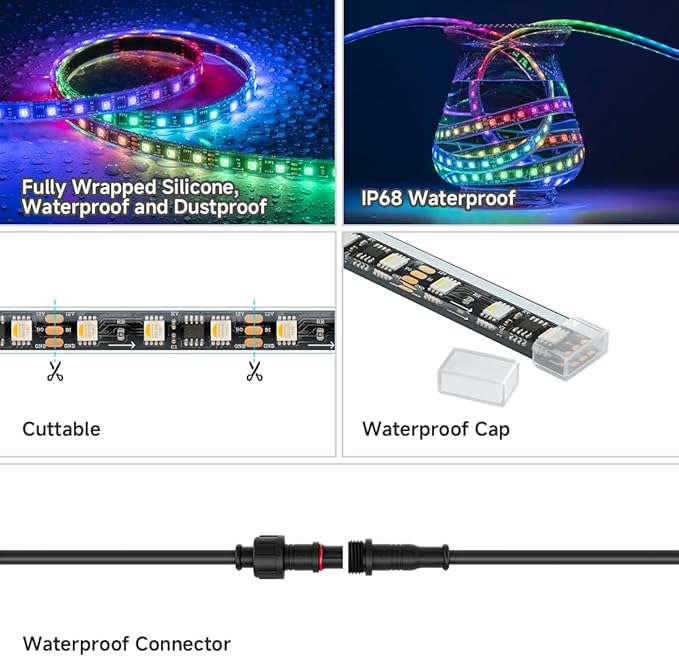 BTF-LIGHTING IP68 Waterproof Outdoor WS2814 RGBW IC LED Strip RGB+Cool White(6000K) Addressable Dream Color 5050SMD Light DC12V 16.4ft 60LEDs/m 20Pixels/m Can Work Outdoor(No Adapter or Controller)