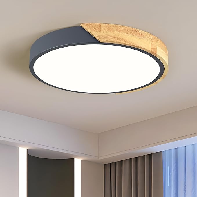 Vikaey Modern LED Ceiling Light, Minimalist Wood Flush Mount Ceiling Light Fixture, 4000K Not Dimmable, Circle Lighting Lamp with Acrylic Lampshade for Bedroom Dining Room Laundry (Grey, 11.8'')