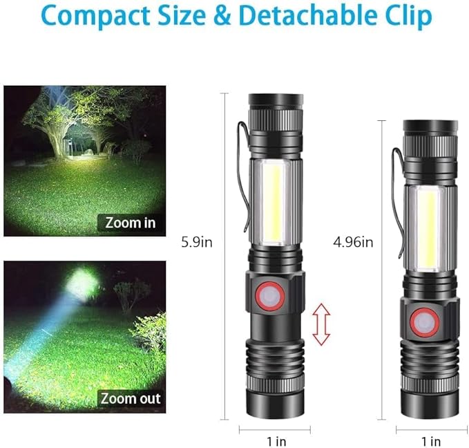 iToncs LED Rechargeable, Super Bright Magnetic Flashlight with COB Work Light, Waterproof, 4 Modes, Pocket Tactical Flashlights for Outdoor Camping Emergency 4 PCS