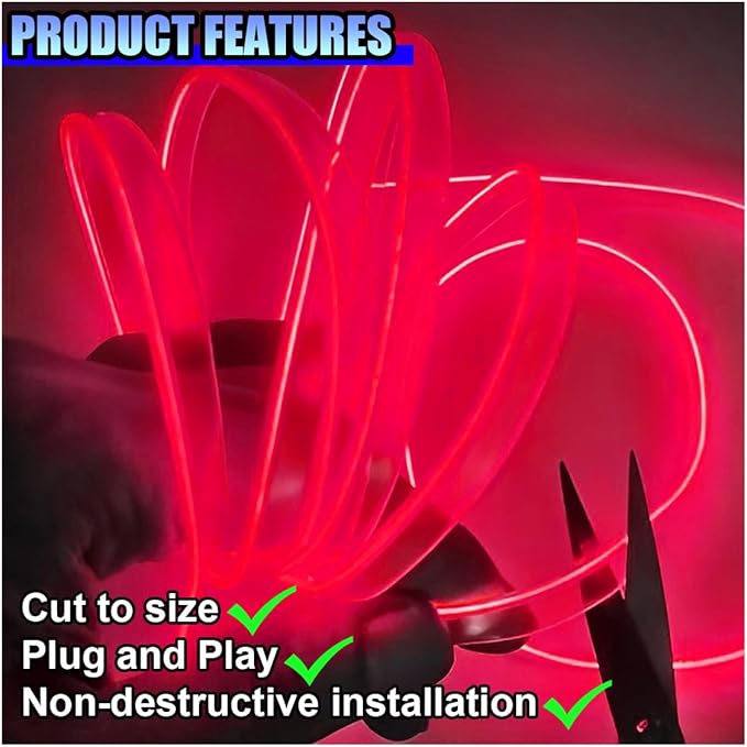 EL Wire Car Interior LED Strip Lights, 5V 16FT Neon Light Strip with Sewing Edge, USB Electroluminescent Car Interior Lights with Fuse Protection, Vehicle Ambient Lighting Decorations (Red)