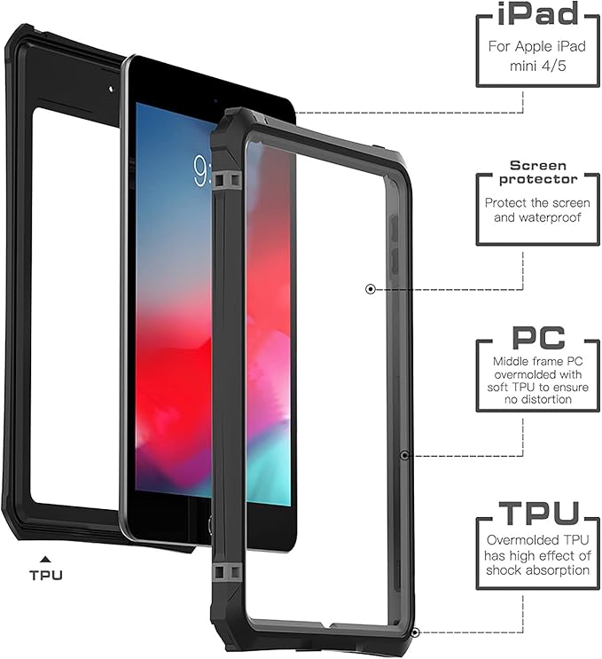 ShellBox Case for iPad mini 5/4 7.9 Inches,Full-Body Protective Bumper Case,with Pencil Holder,Rugged Folding Kickstand,Lanyard,IP68 Waterproof Dustproof Heavy Duty Shockproof Case for iPad (Black)