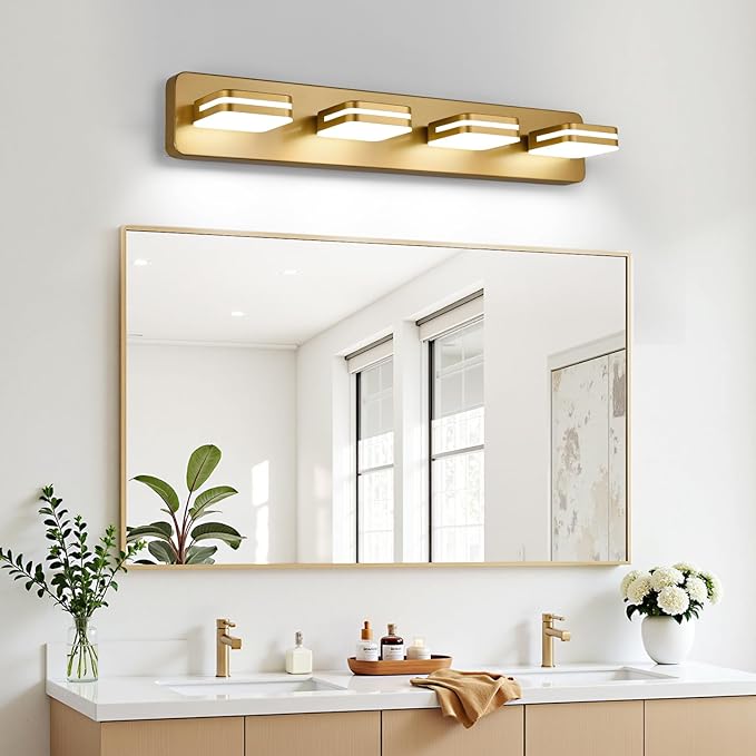 1600LM LED Modern Bathroom Vanity Light Fixtures, 360° Rotate Acrylic Gold Vanity Lights for Bathroom, Modern Wall Lighting Fixtures Over Mirror Kitchen Living Room (Natural White Light 5000K)
