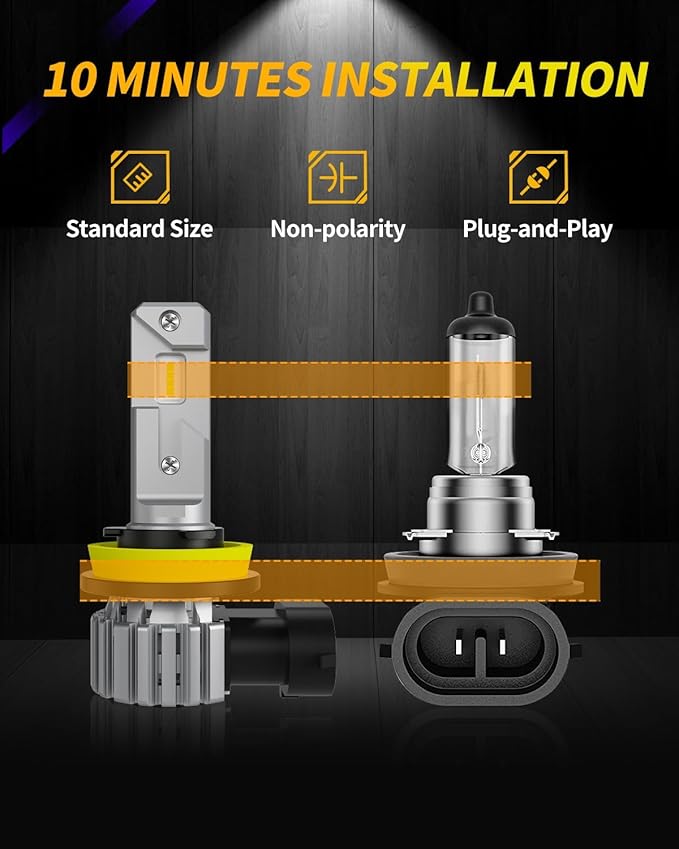 H11 Bulbs 800% Brighter 50,000LM 6500K White – H8/H9/H16 Mini Fog Light Bulb 1:1 Size High Low Beam Bulbs – 60,000Hrs, IP67 Waterproof (2-Pack)
