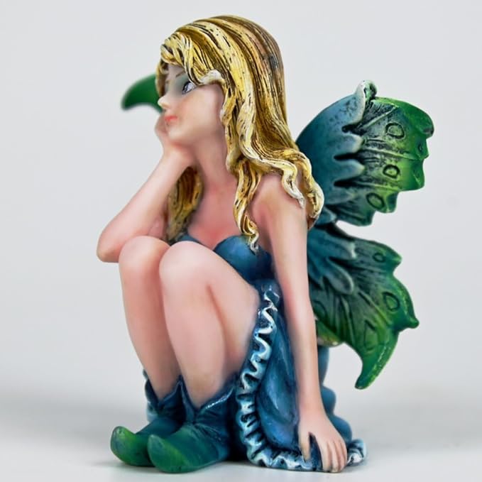 Fantasy Thoughtful Fairy Figurine, 3.15 Inch Blue-Green Gradient Elf Statue, Hand-Painted Resin Decor with Purple Hair Flower & Textured Wings for Desk, Fairy Garden, Plant Pot