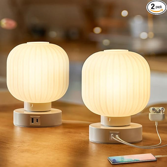 Touch Bedside Glass Table Lamp Set of 2 with 3 Way Dimmable Light, Small Table Lamps with USB C+A Charging Ports - Bedroom Nightstand & Living Room Essential, Bulb Included