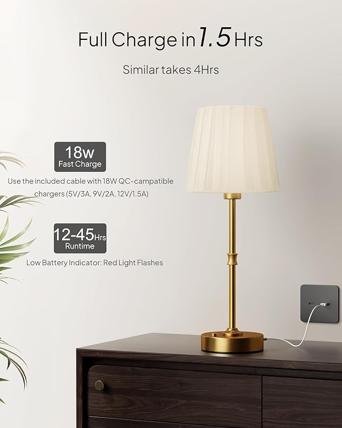 EppieBasic Cordless Table Lamp Rechargeable: Fast Charging & Long Lasting - 2700K Warm Light Vintage Gold Lamps - Dinning Living Room Bedroom - Pleated Shade - 2 Pack