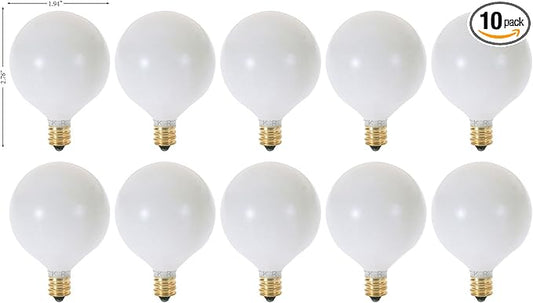 KOR (Pack of 10) G16.5 White Finsh Decorative (E12) Candelabra Base Globe Shape Incandescent 120V G16 1/2 Light Bulbs (15)