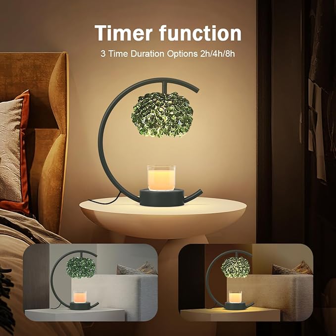 Candle Warmer Lamp for Jar Candles with Adjustable Brightness＆Timer，Handcrafted Green Crystal Candle Lamp Luxurious Design+2Bulbs,Home Decoration Electric Candle lamp(Balck C-Shaped)